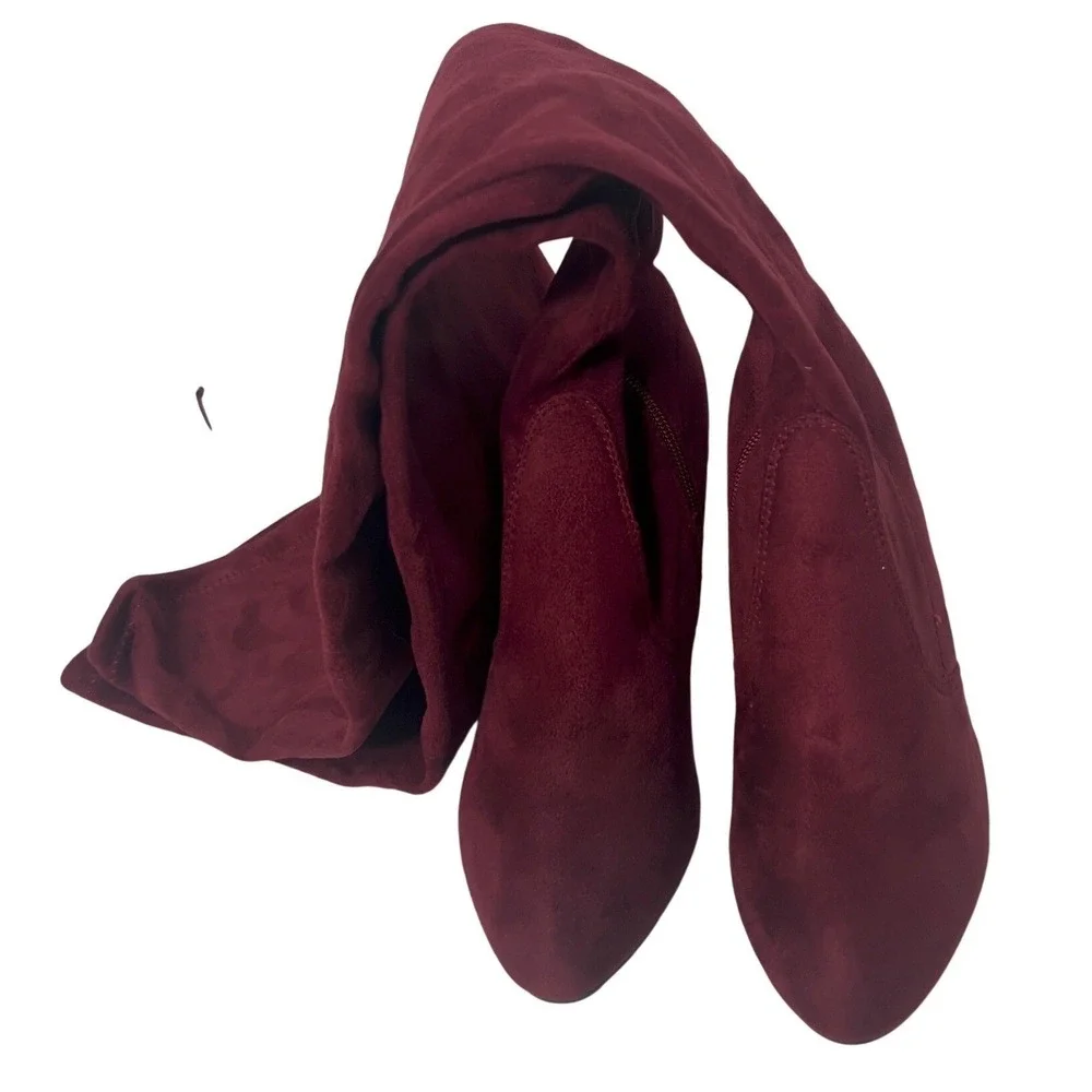 Burgundy Faux Suede Over‎ The Knee Block Heel Boots Pointed Toe Wine Red Size 7